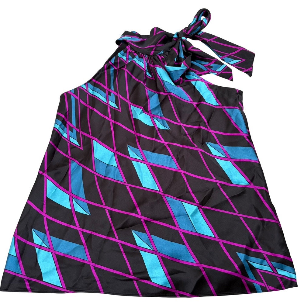 INC International Concepts Silk Halter Top Geometric Tie Neck Black Blue Pink 2